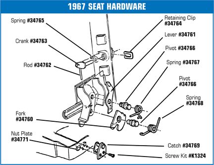 C2 1967 Chevrolet Corvette Seat Back Latch Fork. - Auto Accessories of America diagram
