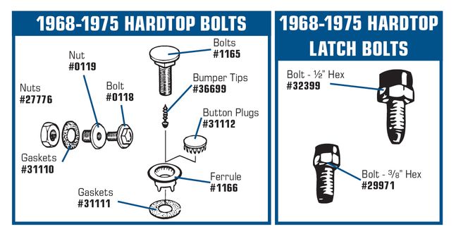 1956-1975 Chevrolet Corvette Hardtop Hold Down Bolts. - Auto Accessories of America diagram