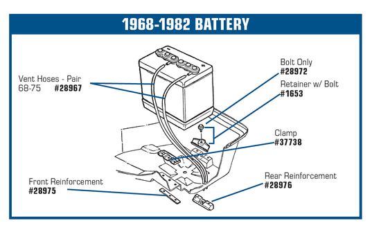 C3 1968-1982 Chevrolet Corvette Battery Hold Down Reinforcement. Front - Auto Accessories of America diagram