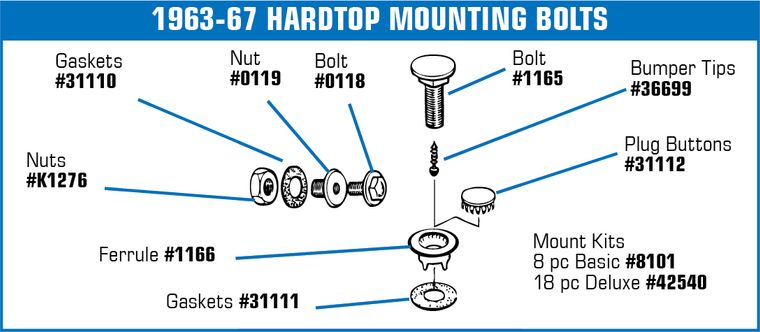 1956-1975 Chevrolet Corvette Hardtop Hold Down Bolts. - Auto Accessories of America diagram