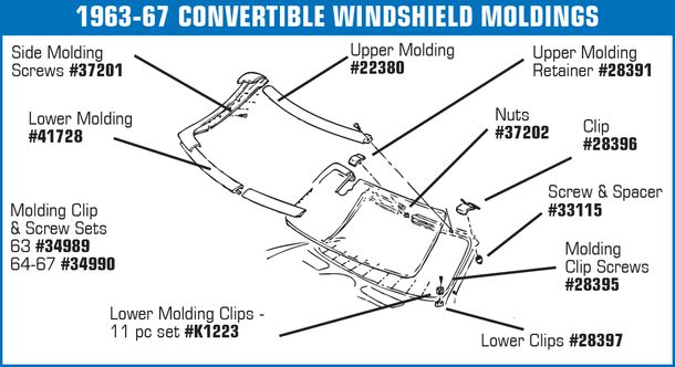 C2 1963-1967 Chevrolet Corvette Windshield Side Molding Upper Clip Screw Set. Convertible - Auto Accessories of America diagram