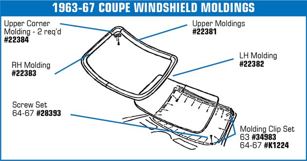 C2 1964-1967 Chevrolet Corvette Windshield Molding Clip Set. Coupe 26 Piece - CA diagram