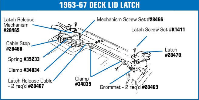 1963-1975 Chevrolet Corvette Decklid Release Cable Mechanism Clamp & Bolt Set. - CA diagram
