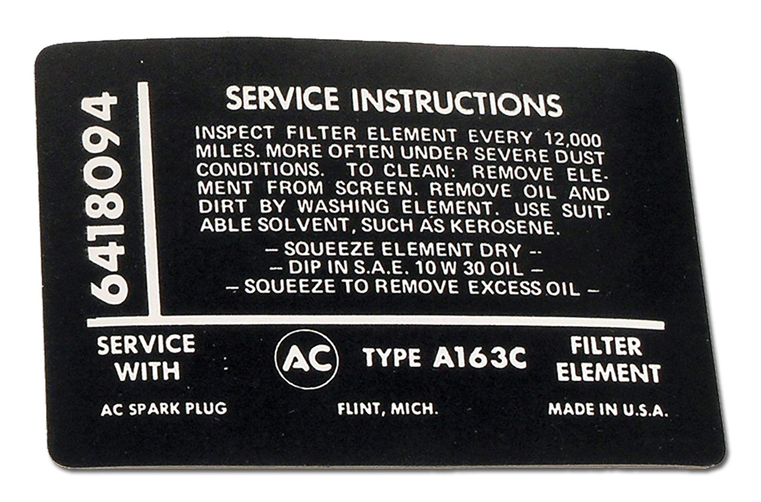 C2 1965 Chevrolet Corvette Decal. Air Cleaner Instructions Fuel Injection - Auto Accessories of America