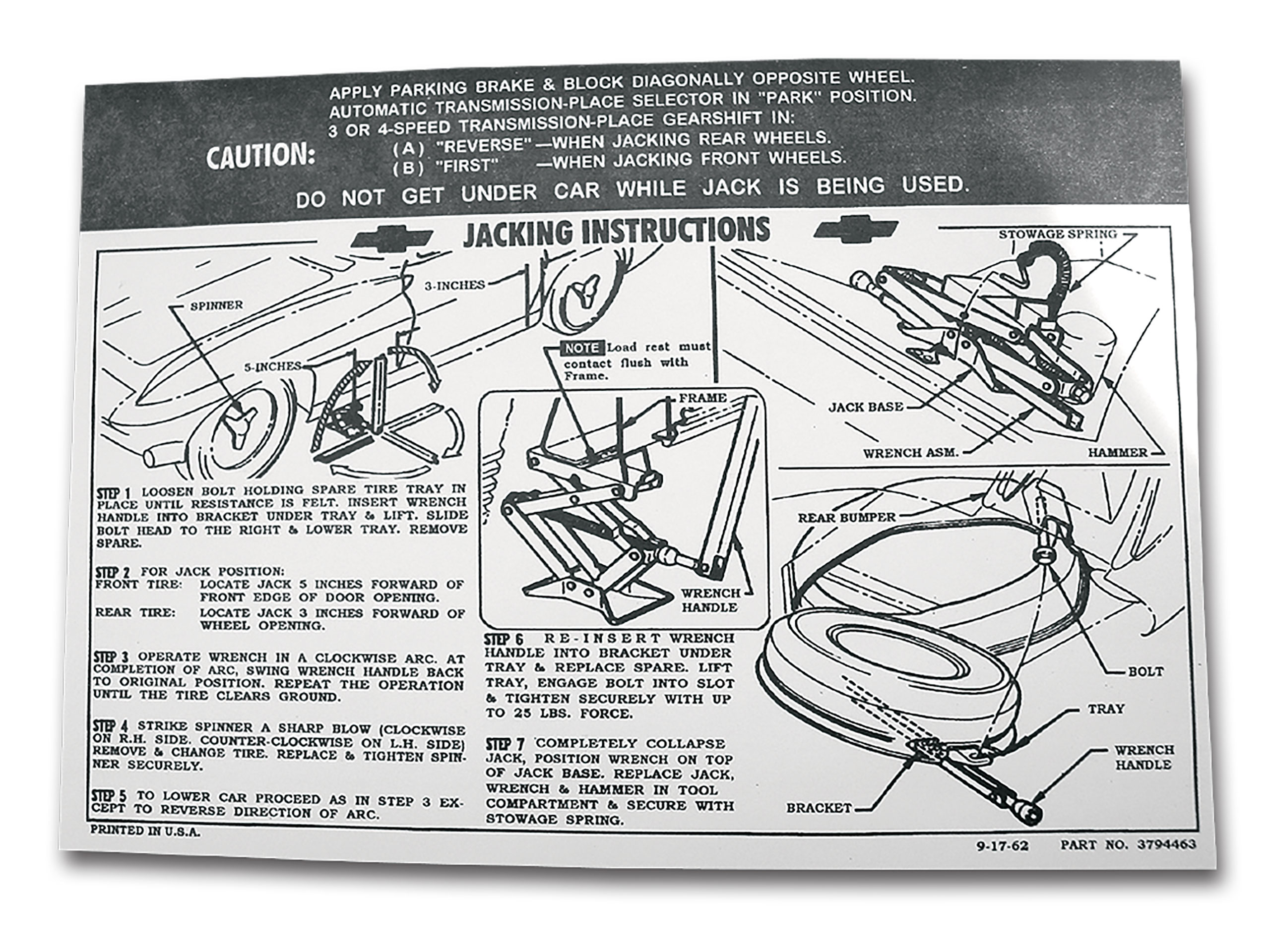 C2 1963-1966 Chevrolet Corvette Decal. Jacking Instruction W/Knock-Off Wheel - Auto Accessories of America