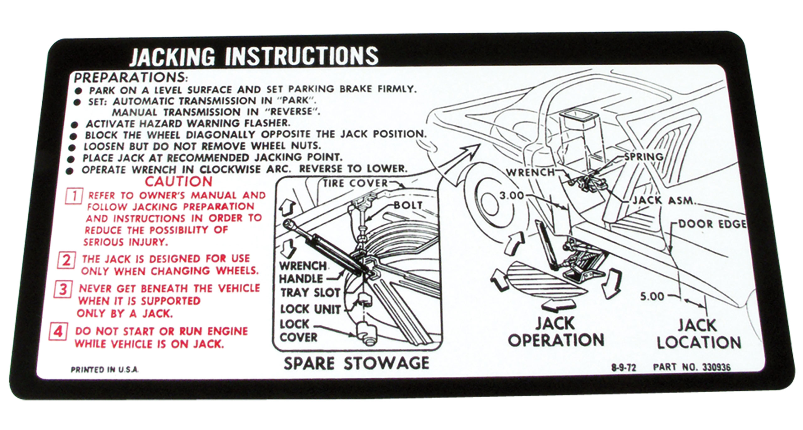 C3 1974 Chevrolet Corvette Decal. Jacking Instruction - Auto Accessories of America