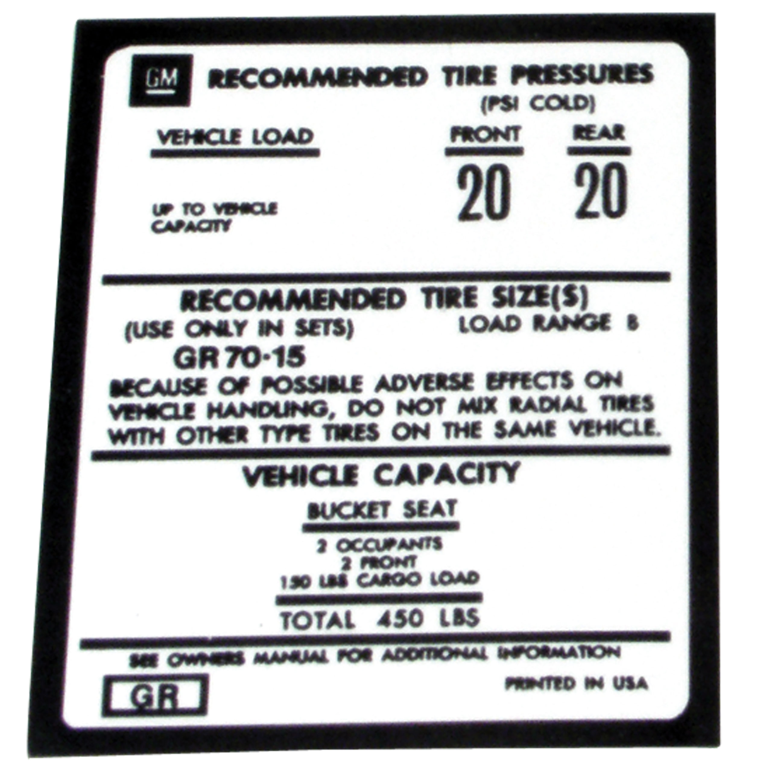 C3 1973-1975 Chevrolet Corvette Decal. Tire Pressure-Door - Auto Accessories of America