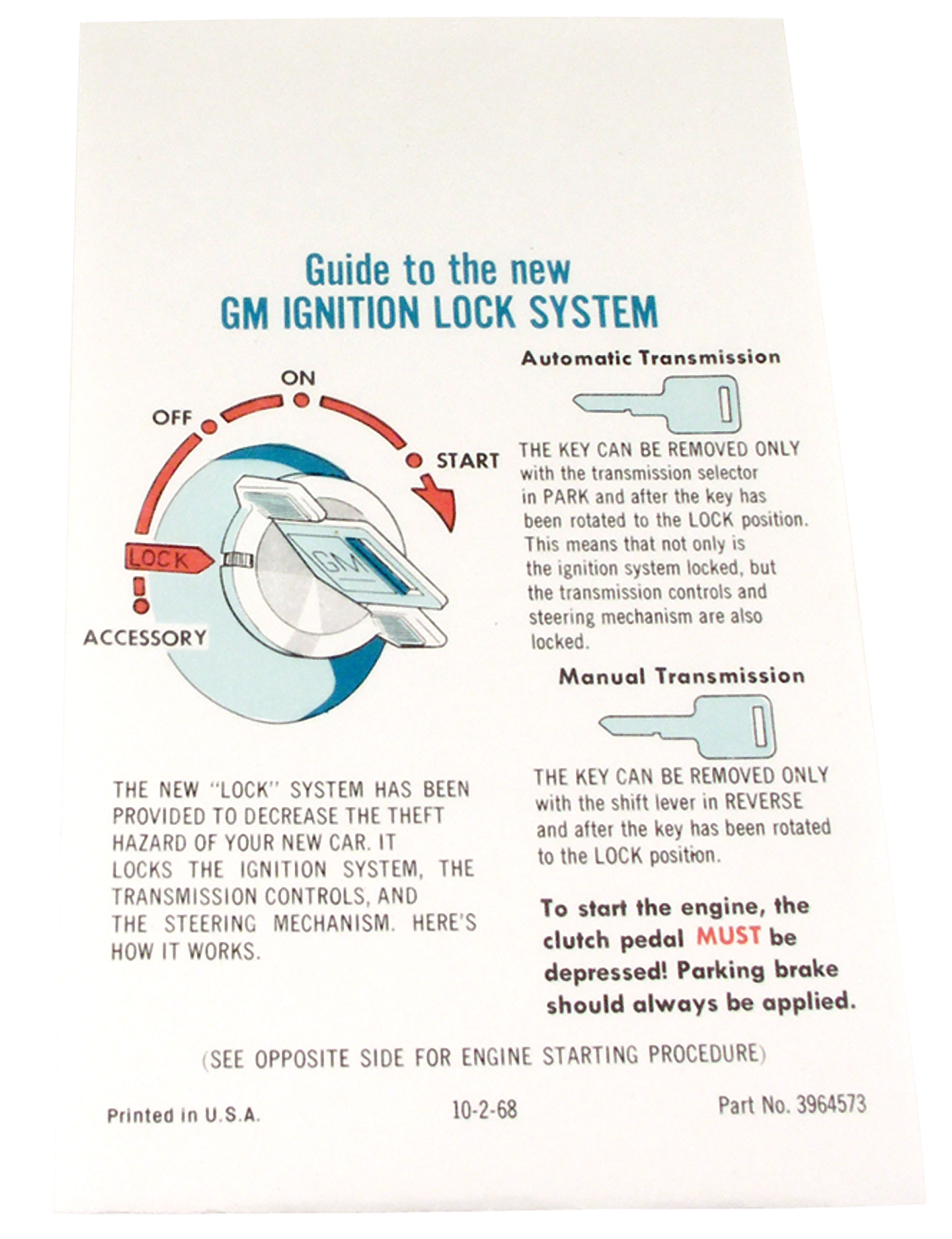 C3 1969 Chevrolet Corvette Instructions. Start & Interlock - CA