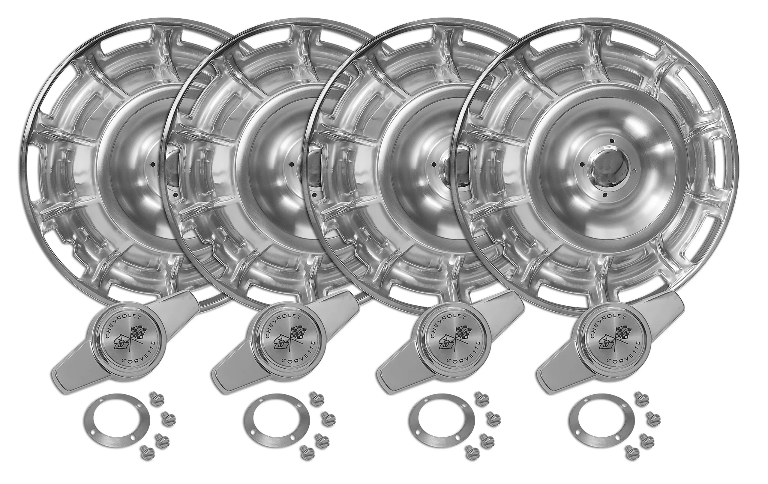 C1 1959-1962 Chevrolet Corvette Hubcaps W/Spinners. 4 Piece Set - Auto Accessories of America