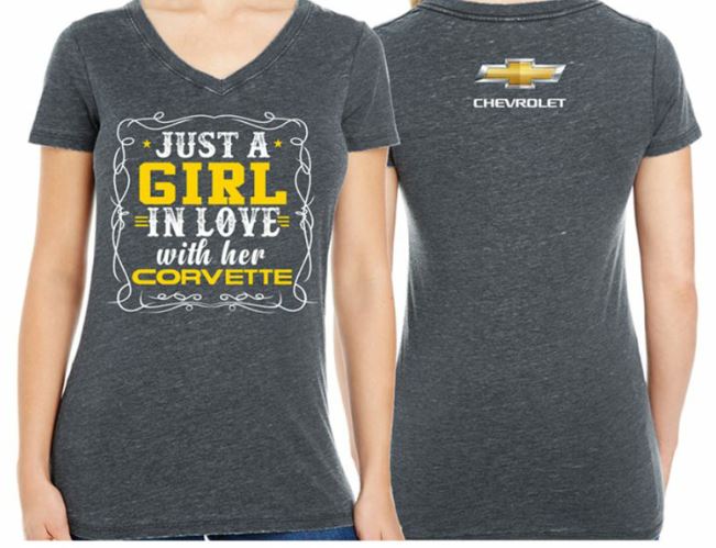 1953-2023 Chevrolet Ladies Girl In Love With Her Corvette Vintage Grey T-Shirt - Choose Size - Auto Accessories Of America