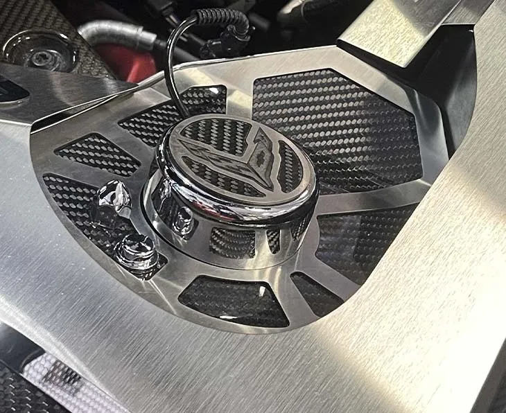 C8 2020-2022 Chevrolet Corvette Shock Tower Covers W/Crossed Flag Insert - Carbon Fiber W/Brushed Stainless Stee - American Car Craft