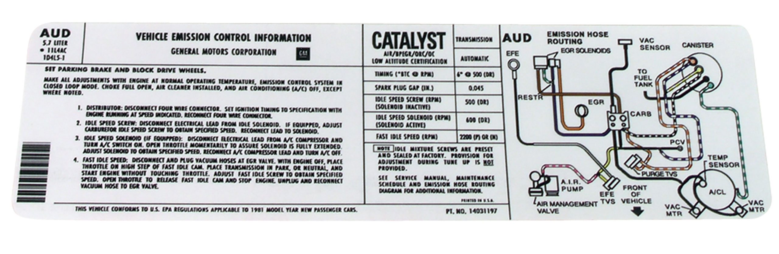 C3 1981 Chevrolet Corvette Decal. Emission Automatic - CA