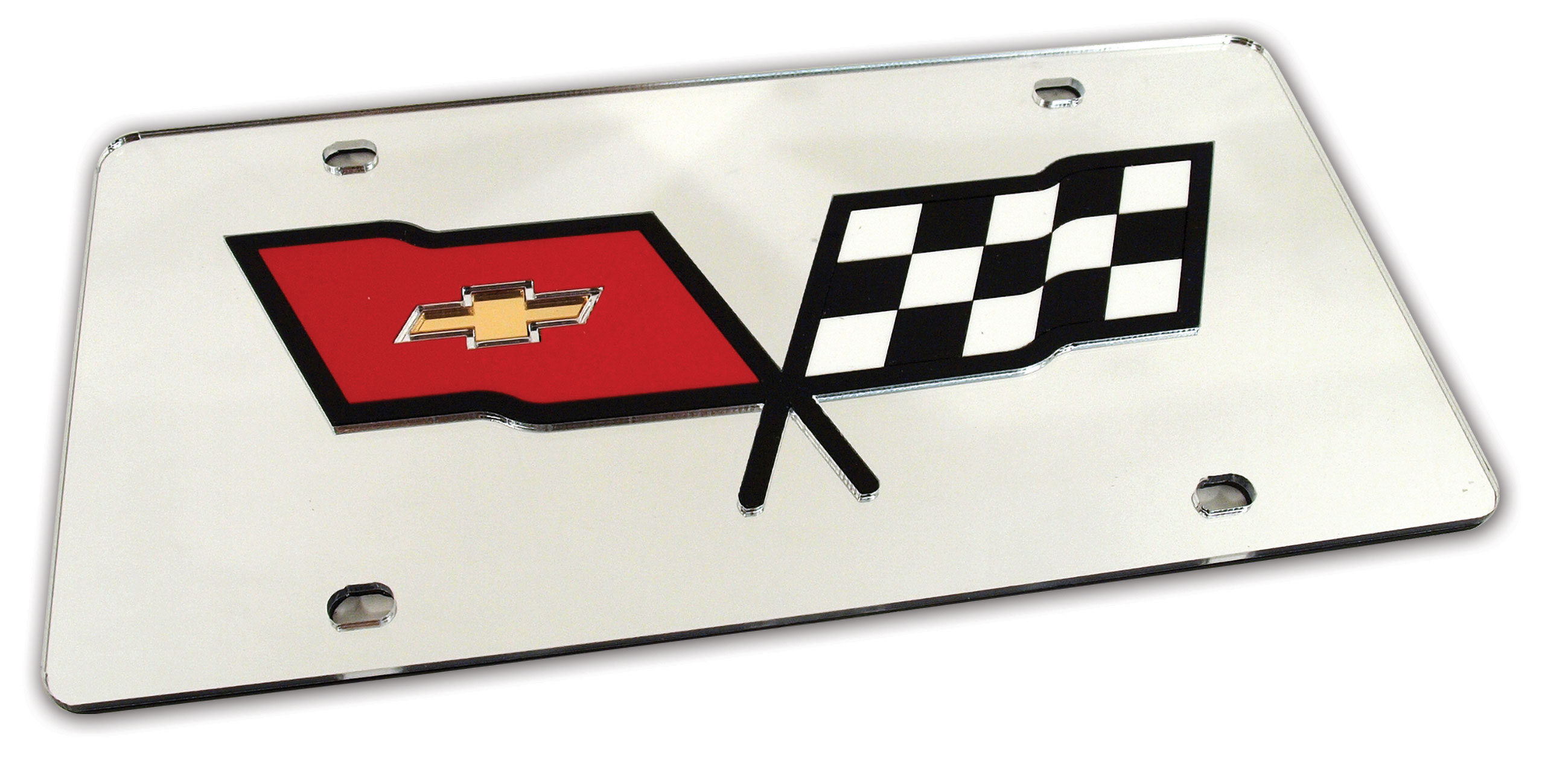 1953-1982 Chevrolet Corvette Front License Plate. Mirrored W/Black Cross Flags Logo - CA