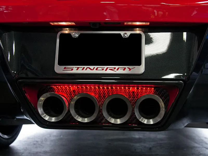 C7 2014-2019 Chevrolet Corvette Gloss Hydro Carbon Perforated S/S Exhaust Filler Panel W/O NPP W/Red LEDs - American Car Craft