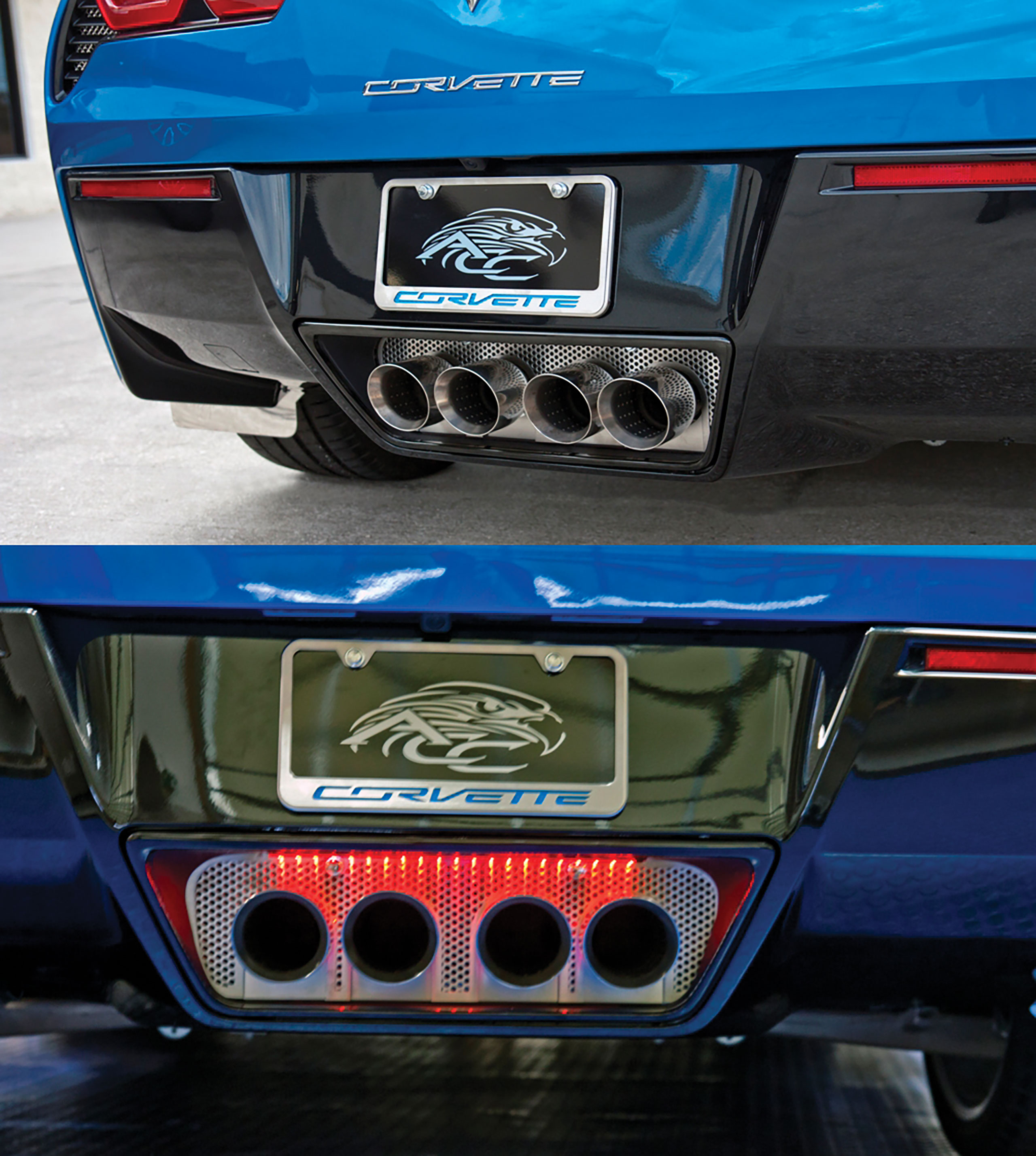 C7 2014-2019 Chevrolet Corvette Perforated S/S Illuminated Exhaust Filler Panel W/O NPP W/Red LEDs - ACC-052012 - American Car Craft