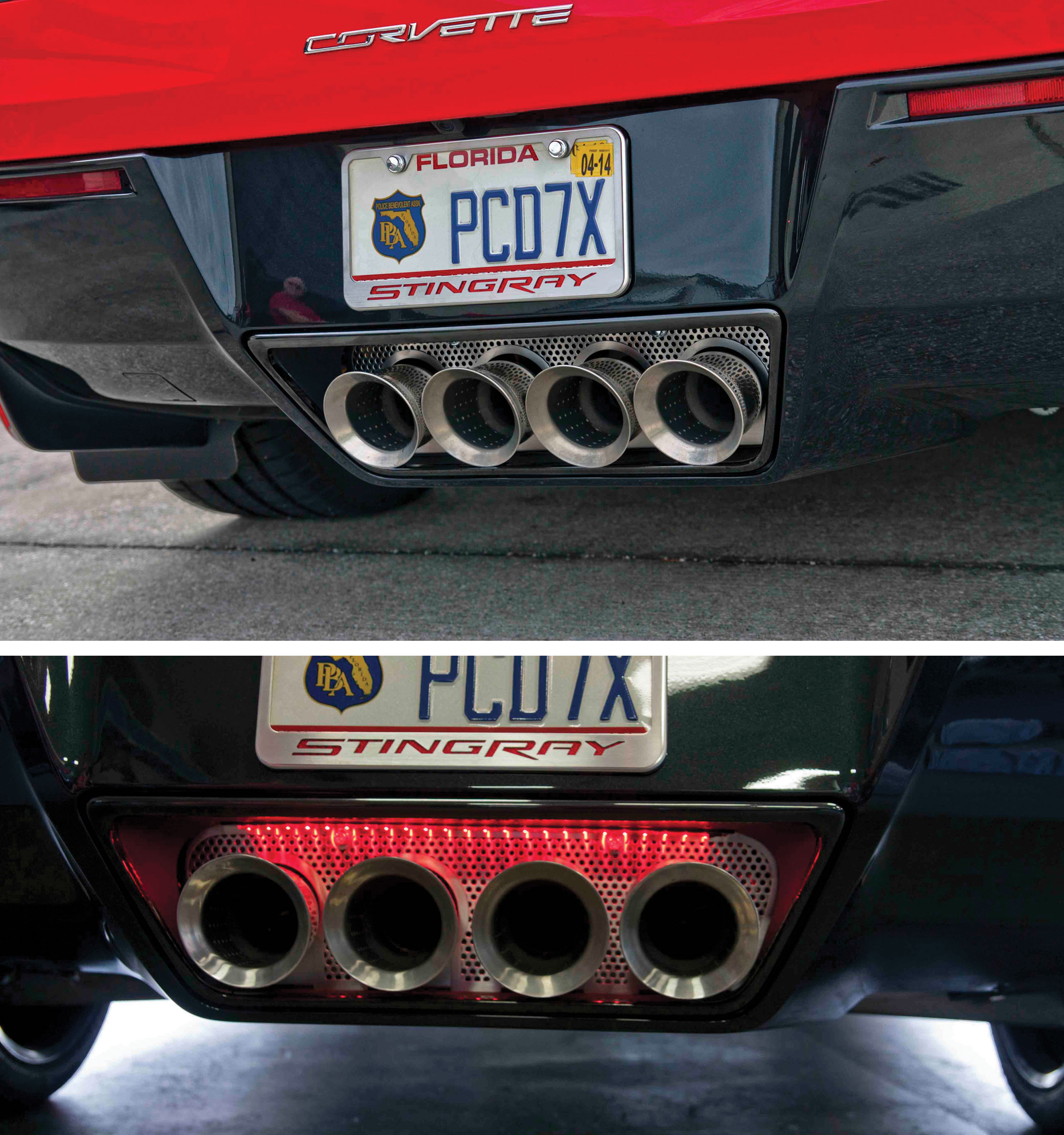 C7 2014-2019 Chevrolet Corvette Z51/GS/Z06/ZR1 Perforated S/S Exhaust Filler Panel W/NPP W/Red LEDs - ACC-052018 - American Car Craft