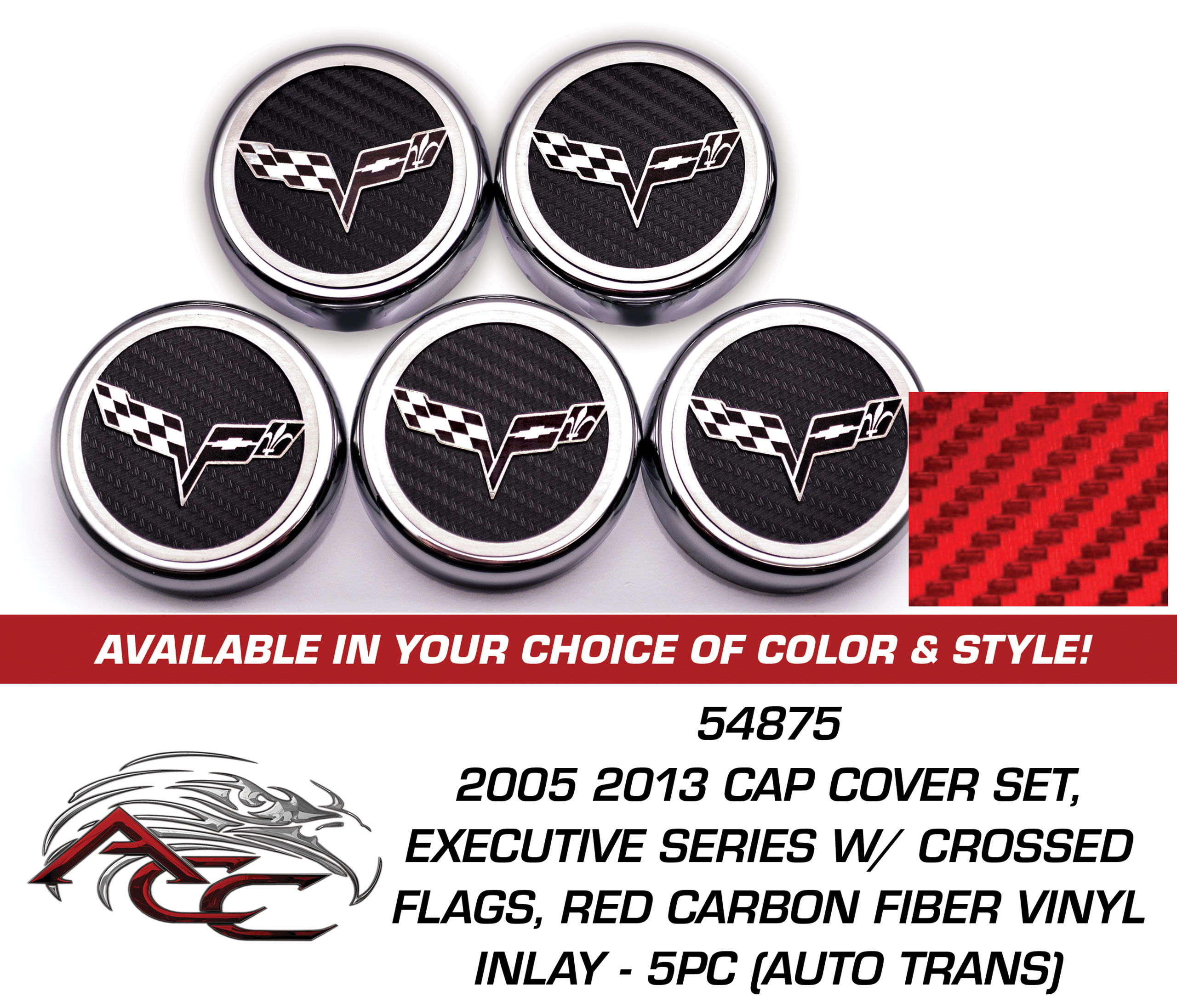 American Car Craft 2005-2013 Chevrolet Corvette Cap Cover Set, Executive Series W/Crossed Flags,5pc (Auto Trans)