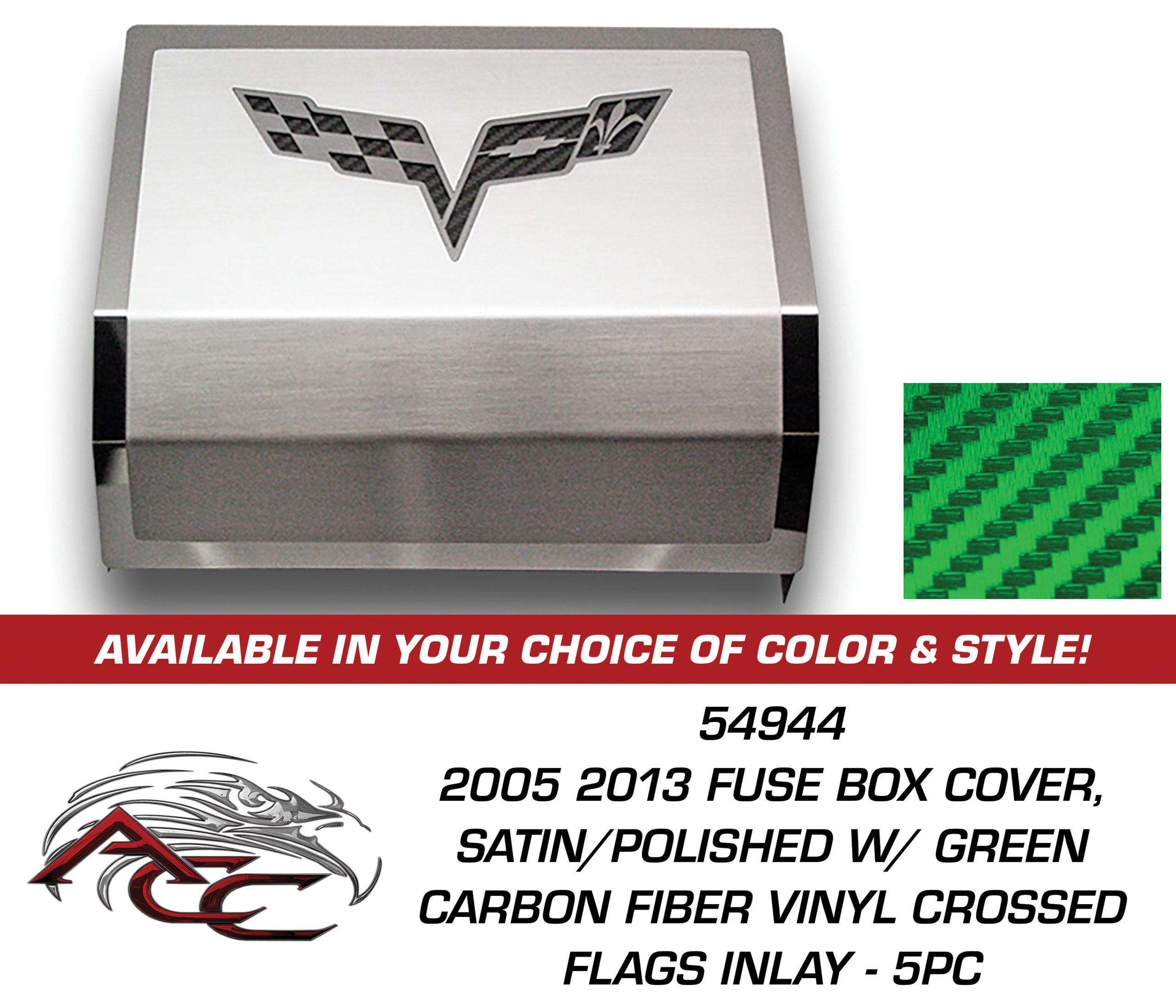 C6 2005-2013 Chevrolet Corvette Fuse Box Cover w/Vinyl Crossed Flags Inlay - 5pc - Choose Color - American Car Craft