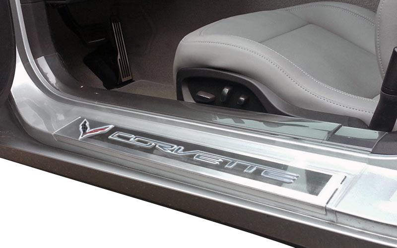 C7 2014-2019 Chevrolet Corvette Door Sill Guards - Clear - Embossed Logo/Script - Choose Style - Auto Accessories Of America