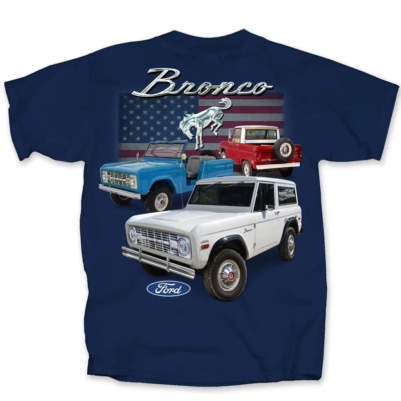 1966-2022 Ford Bronco 3 With USA Flag Blue T-Shirt - Auto