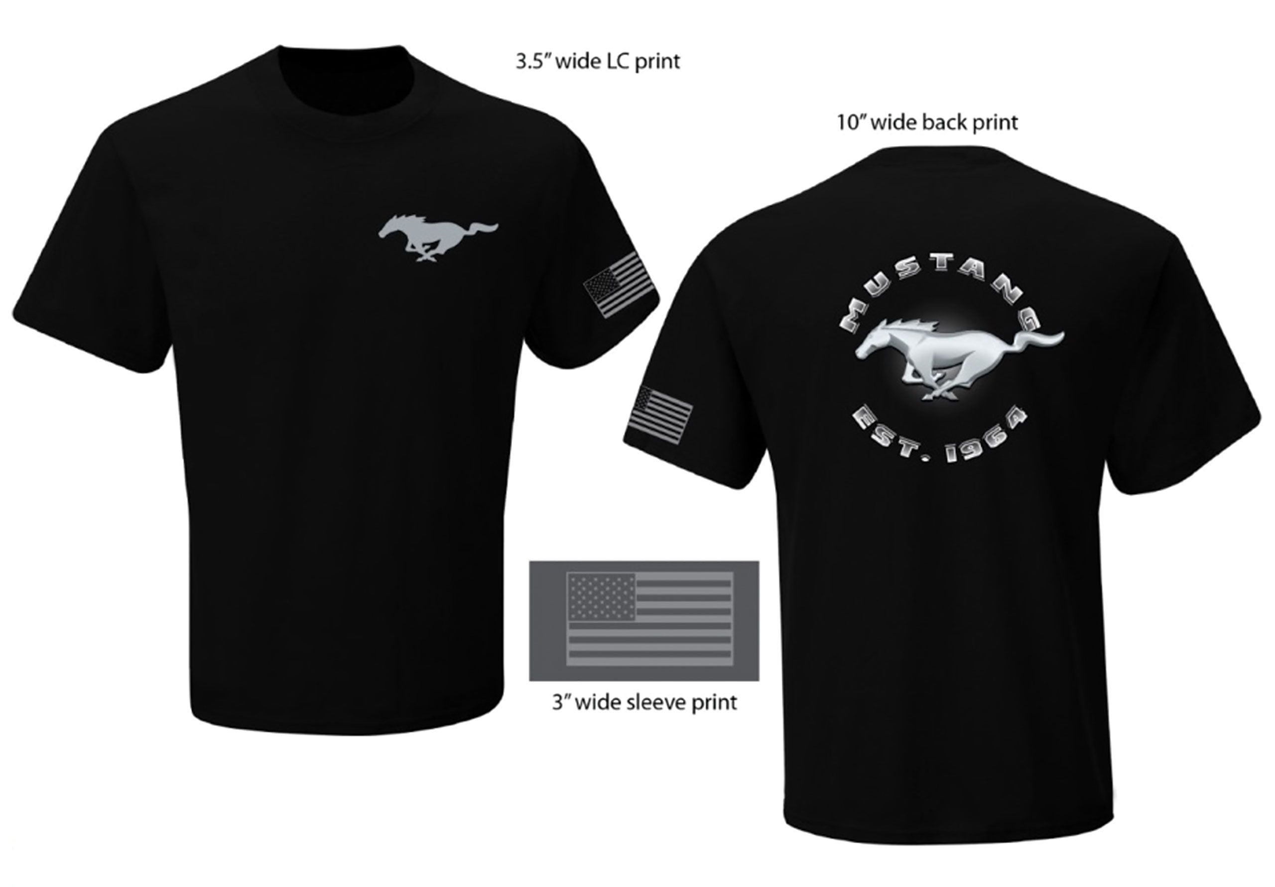 1964-2021 Ford Mustang T-Shirt - Black W/Mustang Est. 1964 On Back, Pony F/R, Flag On Sleeve - Medium - Auto Accessories of America