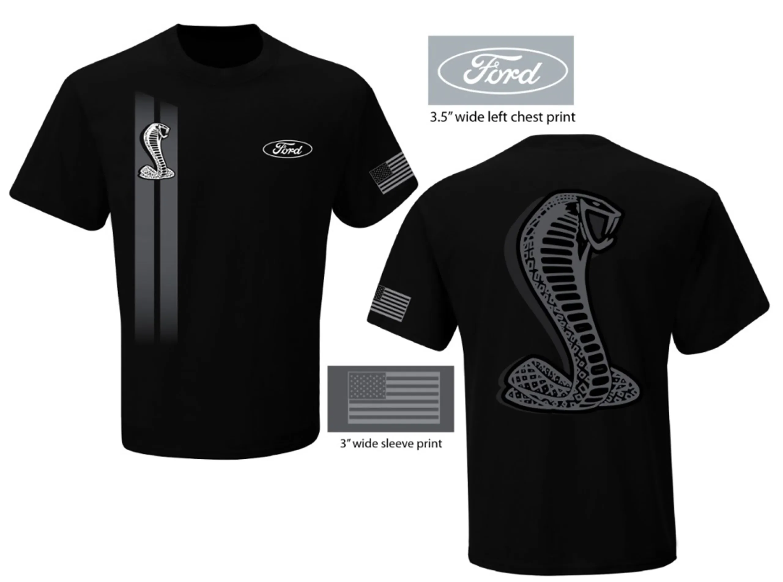 1964-2021 Ford Mustang T-Shirt - Black W/Cobra Emblem On Front & Back, Flag On Sleeve - 2XL - Auto Accessories of America