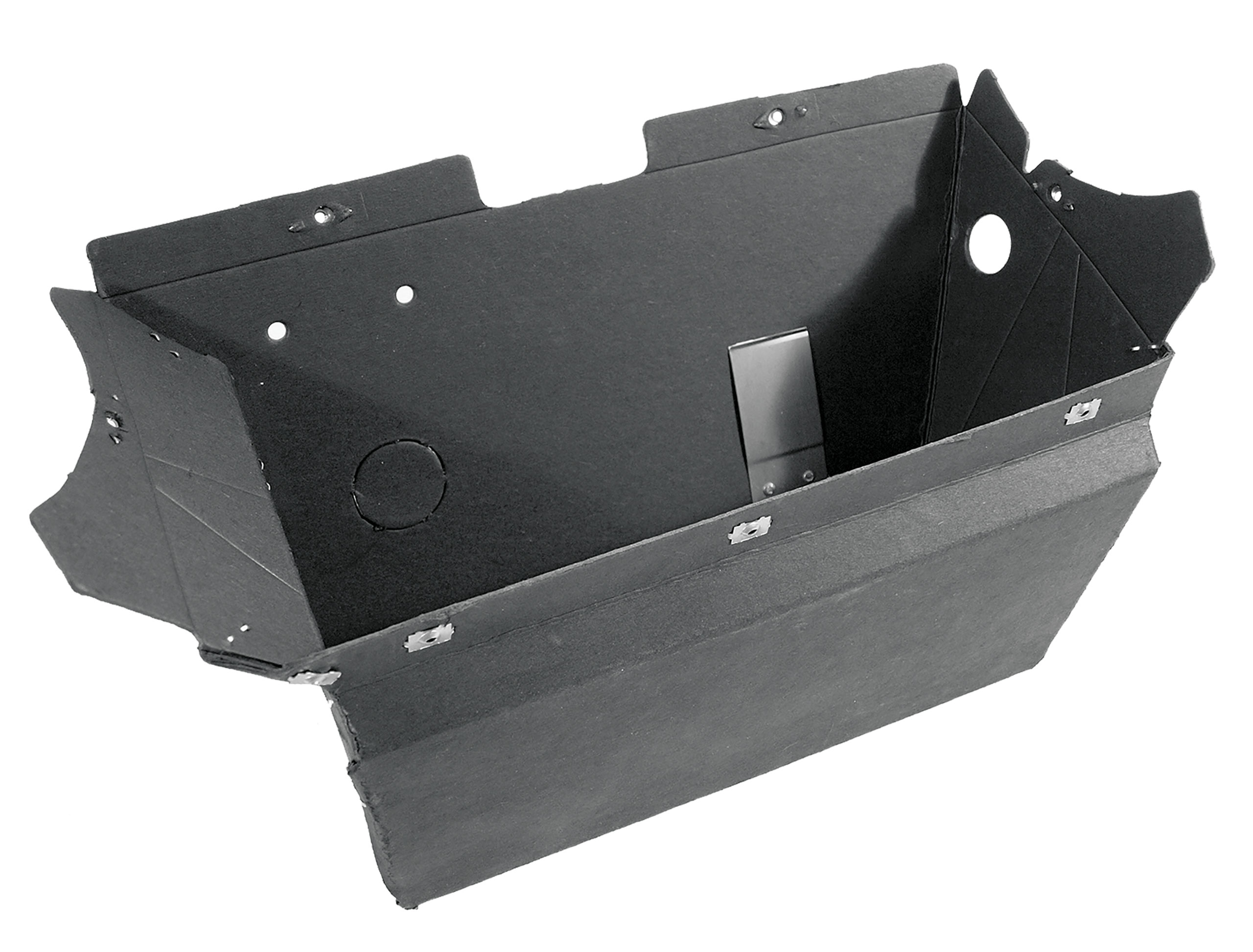 First Generation 1966 Ford Mustang Glove Box Liner W/Clip & Hole for Flasher - Black Chipboard - Scott Drake