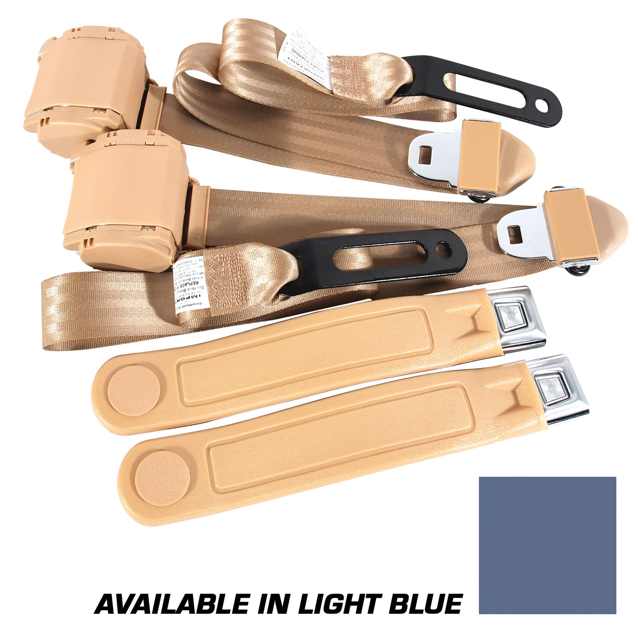 First Generation 1964-1973 Ford Mustang Seat Belts. Chrome Push Button - Light Blue - Auto Accessories of America