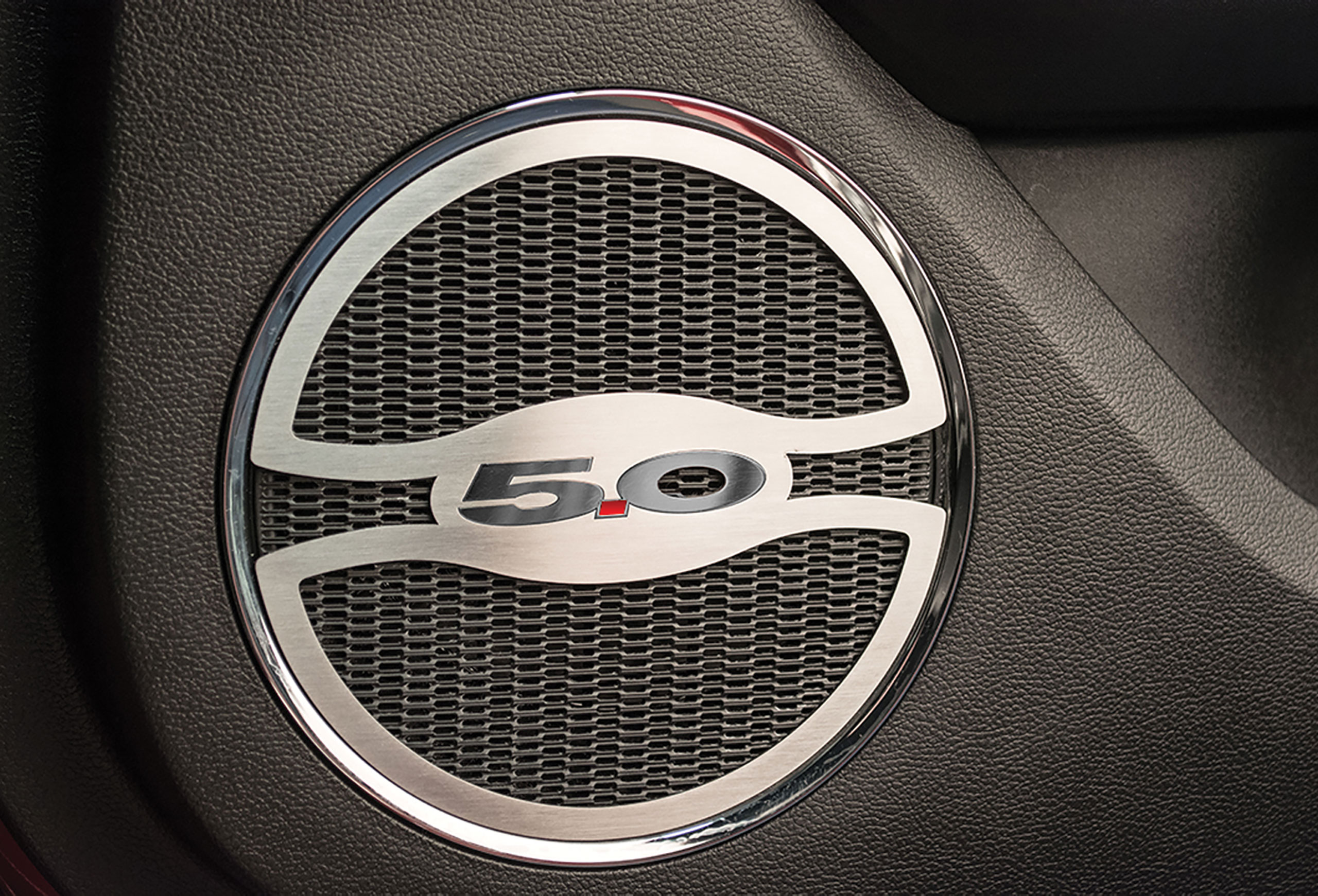 Sixth Generation 2015-2016 Ford Mustang Speaker Trim Lower Door - Satin W/polished 5.0 Trim - 2pc - American Car Craft